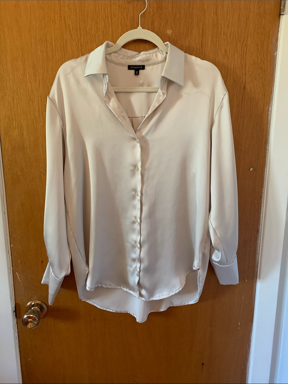 Dynamite Light Beige Satin Button-Up Blouse